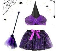 Costumes de Sorcière Halloween pour Filles - Ensemble Accessoires Sorcière Enfant Avec Jupe Et Balai,Tenue Cosplay Élastique Kit pour Fête Déguisée Photoshoots Thème Masquerade