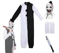 Costumes de terrifier Art le clown pour adulte, 4 pièces pour Halloween avec masque, gants, couteaux, accessoires (noir et blanc, taille XXL)