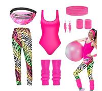 Costumes Des Années 80 Pour Femmes - Ensemble En Fibre De Coton Et Nylon, Tenue De Danse D'entraînement, Hauts Leggings Combinés Avec Jambières Assorties, Sac Banane, Bandeau Et Boucles D'oreilles |