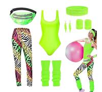 Costumes Des Années 80 Pour Femmes - Ensemble En Fibre De Coton Et Nylon, Tenue De Danse D'entraînement, Hauts Leggings Combinés Avec Jambières Assorties, Sac Banane, Bandeau Et Boucles D'oreilles |