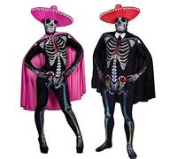 Costumes d'Halloween pour couples Jour des morts - Combinaisons de crâne assorties + sombreros pour lui et elle + capes rouges et roses (hommes : XL - femmes : XL)