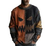 Costumes d'Halloween pour homme - Pull patchwork avec visage de citrouille effrayant - Pull confortable à imprimé cousu - Sweat-shirt de vacances 2025, Noir , S