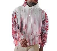 Costumes d'Halloween pour hommes à imprimé sanglant à capuche tie dye à capuche avec poche boutonnée chemises sweatshirts à manches longues, Sweats à capuche Halloween rouge pastèque pour hommes, XXL