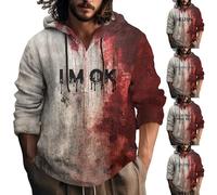 Costumes d'Halloween pour hommes Bloody I'M OK Sweats à capuche en lin avec boutons 1/4 manches longues, Sweats à capuche Halloween Red1 pour hommes, XXL