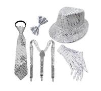 Costumes Disco Sequins, 5 PCS Accessoires Disco Paillette Set Année 70, avec Gants, Nœud Papillon, Bretelles, Cravate, Le Chapeau, pour Carnaval, Fête, Danse, Performance