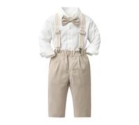 Costumes Mariage Gentleman 1-5 Ans Tenue Cérémonie Garçon 3 Pièces Chemise Manche Longue Avec Noeud Papillon Pantalon Bretelles Vêtement Bébé Baptême (Beige, 4-5 Ans)
