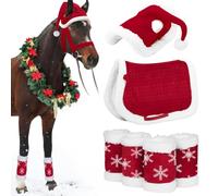 Costumes pour Chevaux à Porter Costume de Cheval Rouge avec Bonnet de Père Noël, Bandeaux Jambes et Selle pour Les défilés fêtes d'hiver - Costumes pour Chevaux