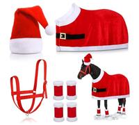 Costumes pour Chevaux à Porter Costume de Cheval Rouge avec Chapeau de Père Noël, Bandages Jambes, Selle et Licou pour Les défilés fêtes d'hiver