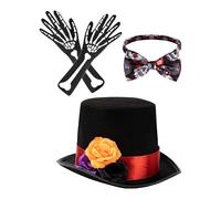 Costumes squelettes - Gants du crâne | Cadre d'Halloween avec la mouche | Chapeau de fleur et accessoires de fleurs à trois colorants | Ensemble squelette de polyester et de vlies | Design réaliste po