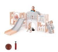 COSTWAY 10 en 1 Toboggan Enfant Pliable en HDPE avec Balançoire & Panier de Basketball, Aire de Jeux Intérieure avec Télescope & Volant & Échelle, Espace de Rangement pour Tout-Petits de 1 an+ (Rose)