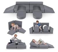 COSTWAY 10 PCS Canapé Modulable Enfant en Mousse et Tissu Suédé Doux, Canapé Convertible 2 Places avec Housses Amovibles et Lavables, Chauffeuse pour Salon Lecture Maternelle (Gris)