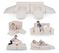 COSTWAY 10 PCS Canapé Modulable Enfant en Mousse et Tissu Suédé Doux, Canapé Convertible 2 Places avec Housses Amovibles et Lavables, Chauffeuse pour Salon Lecture Maternelle (Beige)