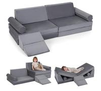 COSTWAY 10 PCS Canapé Modulable Enfant en Mousse et Tissu Velours Ultra-Doux, Canapé Convertible 2 Places avec Housses Amovibles et Lavables, Chauffeuse pour Salon Lecture Maternelle, 3-12 Ans (Gris)