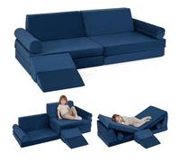 COSTWAY 10 PCS Canapé Modulable Enfant en Mousse et Tissu Velours Ultra-Doux, Canapé Convertible 2 Places avec Housses Amovibles et Lavables, Chauffeuse pour Salon Lecture Maternelle, 3-12 Ans (Bleu)