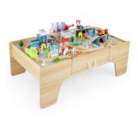 COSTWAY 110 Pcs Table Circuit de Train Enfant en Bois avec Tiroir | Plateau Réversible, Rail de Train, Hélicoptère, Hôpital, Figurines et Voitures, Table d'Activités Montessori pour 3+ Ans
