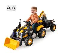 COSTWAY 12V Tracteur Électrique Enfant avec Pelle & Godet Réglables & Remorque Amovible, Tractopelle à Pédales avec Volant Musique Lumières Télécommande, 1,7-4,2 km/h, 3-8 Ans(Jaune)