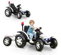 COSTWAY 12V Tracteur Électrique Enfant avec Remorque Amovible & Télécommande 2,4G, Voiture Électrique avec Lumière & Musique, Cheminée & Feu, 3-8 km/h, Charge 30kg pour Enfants de 3-8 Ans