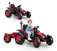 COSTWAY 12V Tracteur Électrique Enfant avec Remorque Amovible & Télécommande 2,4G, Voiture Électrique avec Lumière & Musique, Cheminée & Feu, 3-8 km/h, Charge 30kg pour Enfants de 3-8 Ans