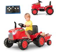 COSTWAY 12V Tracteur Électrique Enfant avec Remorque Amovible & Télécommande, Voiture Électrique à 6 Pneus avec Lumière LED & Musique & Cheminée, 2,5-3,5km/h, Charge 30kg pour Enfant de 3-8 Ans