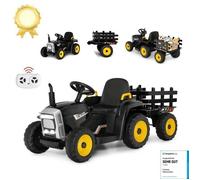 Costway 12 V Tracteur Electrique Enfants Avec Remorque, Télécommande 2,4g, 3 Vitesses, Led, Musique, Klaxon, Usb Et Bluetooth, Noir