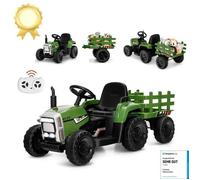 Costway 12 V Tracteur Electrique Enfants Avec Remorque, Télécommande 2,4g, 3 Vitesses, Led, Musique, Usb Et Bluetooth, Vert Foncé