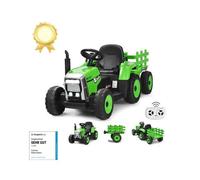COSTWAY 12V Tracteur Électrique Enfants - Pelle & Remorque Amovible, 6 Pneus & LED & Klaxon, Télécommande 2,4G, 3-6km/h, Vert