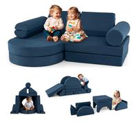 COSTWAY 13 PCS Canapé Enfant Convertible en Suède Velours, Canapé Modulaire 2 Places en Mousse avec Housse Amovible, Fauteuil Enfant pour Garçons et Filles de 3 Ans+ (Bleu Marine)