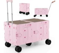 COSTWAY 150L Bollerwagen pliable, chariot de transport avec tablette, 2 caisses de rangement, poignée & porte-boissons, chariot de jardin jusqu'à 60kg, rose