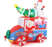 COSTWAY 177cm Décoration Noël gonflable, Père Noël LED en voiture, décoration de Noël avec bonhomme de neige & sapin de Noël