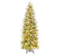 COSTWAY 190 cm Arbre de Noël artificiel avec éclairage et neige, Sapin crayon avec 280 lumières LED blanc chaud & 60 pommes de pin