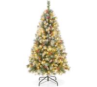 COSTWAY 195 cm Sapin de Noël artificiel avec éclairage, neige, pommes de pin et baies rouges, sapin avec 8 modes d'éclairage, 420 lumières LED blanc chaud, sapin de Noël, arbre artificiel Noël