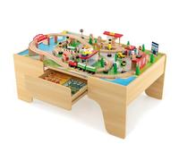 COSTWAY 2 en 1 84 PCS Table Circuit de Train en Bois avec Plateau Réversible, Table Enfants avec Tiroir, Coins Arrondis, Table de Jeux Train pour Enfants de 3 Ans+, 97x62,5x39,5cm (Naturel)