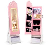 COSTWAY 2 en 1 Armoire à Bijoux Enfant avec Miroir Éclairé et 2 Tiroirs, Organisateur de Bijoux Princesse avec Dispositif Anti-basculement, 4 Lampes à Capteur, Miroir Pleine Longueur, 3 Ans+ (Rose)
