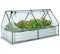 COSTWAY 2 en 1 Bac à fleurs surélevé avec serre, bac à plantes en métal, film PVC, bac à fleurs avec deux fenêtres, bac à fleurs rectangulaire pour fleurs, herbes aromatiques dans le jardin, sur la te
