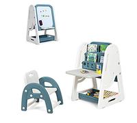 COSTWAY 2 en 1 Bureau Enfants avec Hauteur Réglable, Tableau Enfants Double Face en HDPE avec Tabouret & Etagère de Rangement, Chevalet Magnétique pour Enfants de 3 Ans+(Bleu.)