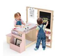 COSTWAY 2 en 1 Bureau Enfants en Bois avec Banc & Etagères, Tableau Enfant Double Face Réglable avec Rouleau de Papier & 5 Craies, Table à Dessin Enfants de 3 Ans+, Charge 50kg (Rose)