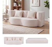 COSTWAY 2 en 1 Canapé 2 Places 192 cm, Canapé Lit Convertible Moderne en Tissu Teddy Polaire Confortables, 2 Coussins, Aucun Montage Nécessaire, pour Salon, Chambre d'amis (Blanc)