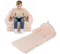 COSTWAY 2 en 1 Canapé-lit Enfant Pliable avec Motif Coquillage, Fauteuil Enfant Convertible en Polaire Teddy avec Housse Amovible & Lavable, Chauffeuse 1 Place pour Cadeau d'anniversaire Fête (Beige)
