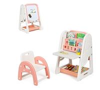 COSTWAY 2 en 1 Chevalet Enfants Magnétique avec Hauteur Réglable, Tableau à Dessin Double Face en HDPE avec Tabouret, Bureau Pliable, Etagère de Rangement, Chiffres Aimantés pour 3 Ans+(Rose)
