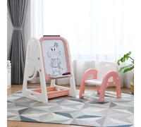 COSTWAY 2 en 1 Chevalet pour enfants & ensemble de sièges pour enfants avec bibliothèque, table et chaise pour enfants avec rangement et plateau rabattable, tableau magnétique sur pied avec accessoire