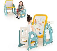 COSTWAY 2 en 1 Chevalet pour enfants, Tableau sur pied & groupe de sièges pour enfants avec tableau blanc réglable en 3 positions, Tableau pour enfants avec accessoires de peinture, télescopique & Rin