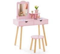 COSTWAY 2 en 1 Coiffeuse Enfant avec Miroir Rectangulaire Amovible & Tabouret Mignon, Table de Maquillage Princesse avec 2 Grands Tiroirs & Étagère, Charge 20/40kg pour Enfants de 3-7 Ans