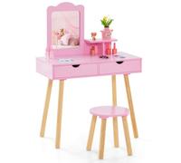 COSTWAY 2 en 1 Coiffeuse Enfant avec Miroir Rectangulaire Amovible & Tabouret Mignon, Table de Maquillage Princesse avec 2 Grands Tiroirs & Étagère, Charge 20/40kg pour Enfants de 3-7 Ans (Rose foncé)