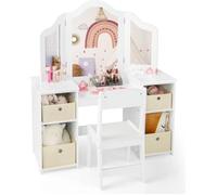 Costway2 en 1 Coiffeuse et Chaise Enfants avec Miroir Amovible à Trois Volets Table de Maquillage avec 4 Compartiments pour 3 Ans+ Blanc