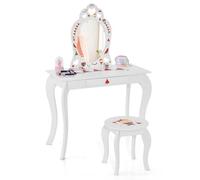 COSTWAY 2 en 1 Coiffeuse Enfant Fille avec Tabouret & Miroir Princesse Amovible, Table de Maquillage Enfant avec Tiroir & Motif de Pastèque, Dispositif Anti-basculement, Charge 30/50kg pour 3 Ans+
