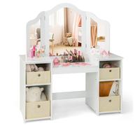 COSTWAY 2 en 1 Coiffeuse Enfants avec Miroir Amovible à Trois Volets, Table de Maquillage Princesse avec 4 Compartiments et 4 Bacs de Stockage en Tissu, Charge 100kg pour Enfants de 3 Ans+ (Blanc)
