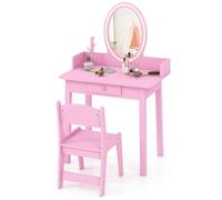 COSTWAY 2 en 1 Coiffeuse Enfants avec Miroir LED & Tabouret, Table de Maquillage avec Tiroir & Organisateur en Forme Arbre, Dispositif Anti-basculement, Charge 50kg pour Enfants de 3-8 Ans