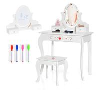 COSTWAY 2 en 1 Coiffeuse Enfants avec Miroir Rotatif à 360° et Double Face, Table de Maquillage avec Tabouret & Tiroir, 4 Marqueurs, Dispositif Anti-basculement, Charge 30/50kg pour 3 Ans+