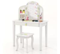 COSTWAY 2 en 1 Coiffeuse Enfants avec Tabouret & Miroir à 3 Volets, Table de Maquillage avec Tiroir & Motif d'Ananas, Dispositif Anti-basculement, Charge 30/50kg pour 3 Ans+