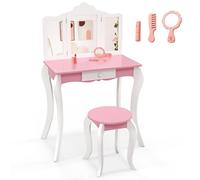 COSTWAY 2 en 1 Coiffeuse Enfants avec Tabouret & Miroir Amovible à 3 Volets, Table de Maquillage avec Tiroir & Dispositif Anti-basculement, Charge 30kg pour Enfants de 3 Ans+